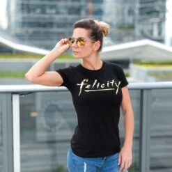 Felicity Gold Logo Junior's Black Cotton T-Shirt -LOUNGEFLY Store RPJ F3JS2001S CF